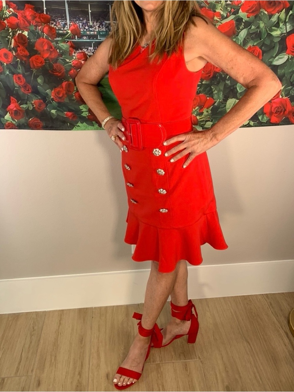 VENUS Red Sleeveless Ruffle Hem Dress with rhinestone buttons
